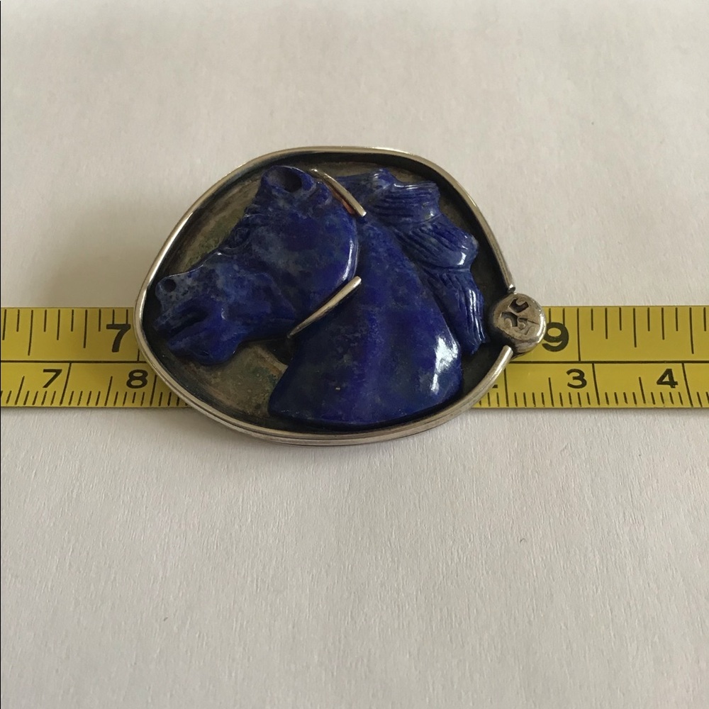 Heavy Sterling Carved Lapis Wild Horse Pendant - Picture 8 of 10